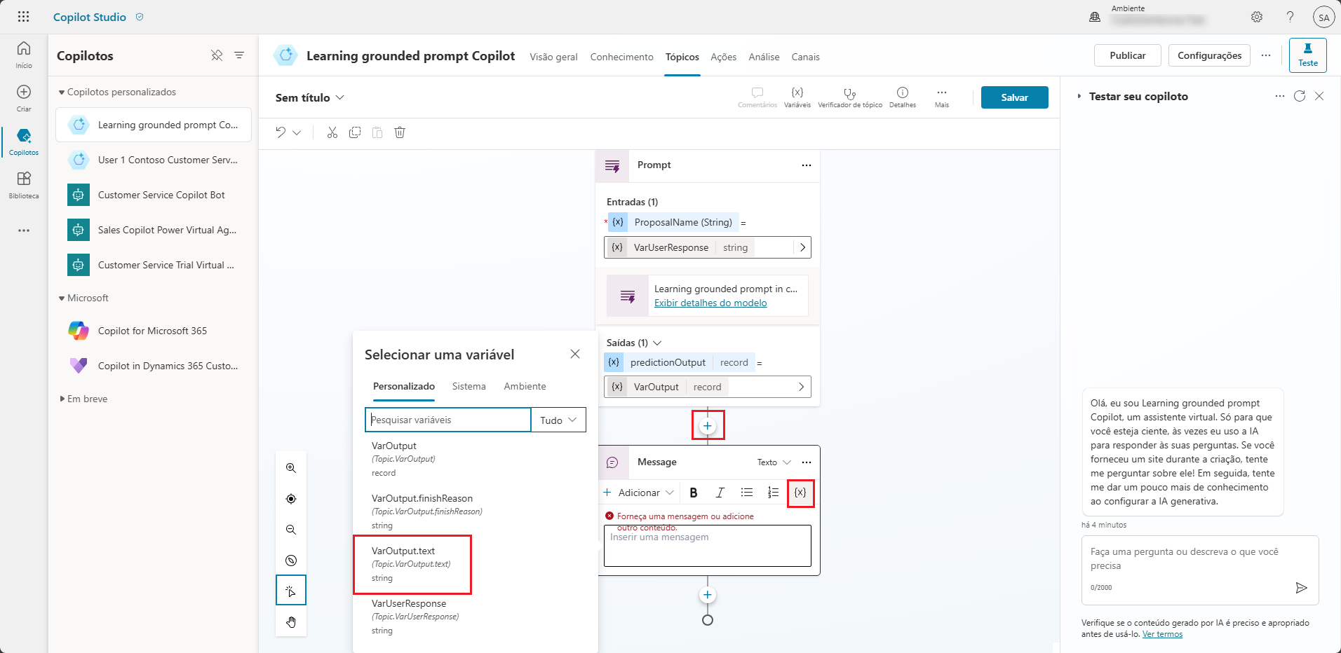 Captura de tela da variável destacada.