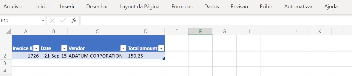 Arquivo do Excel com dados preenchidos abaixo da linha de cabeçalho.