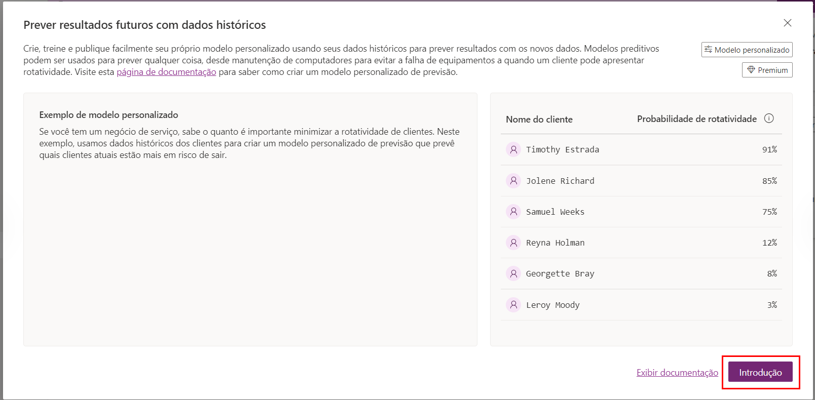 Captura de tela do modelo de previsão do AI Builder com a opção Introdução realçada.