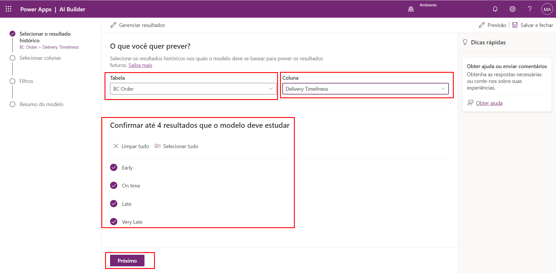Captura de tela do modelo de previsão do AI Builder, realçando a seleção de valores de tabela e coluna e a confirmação dos quatro resultados possíveis.
