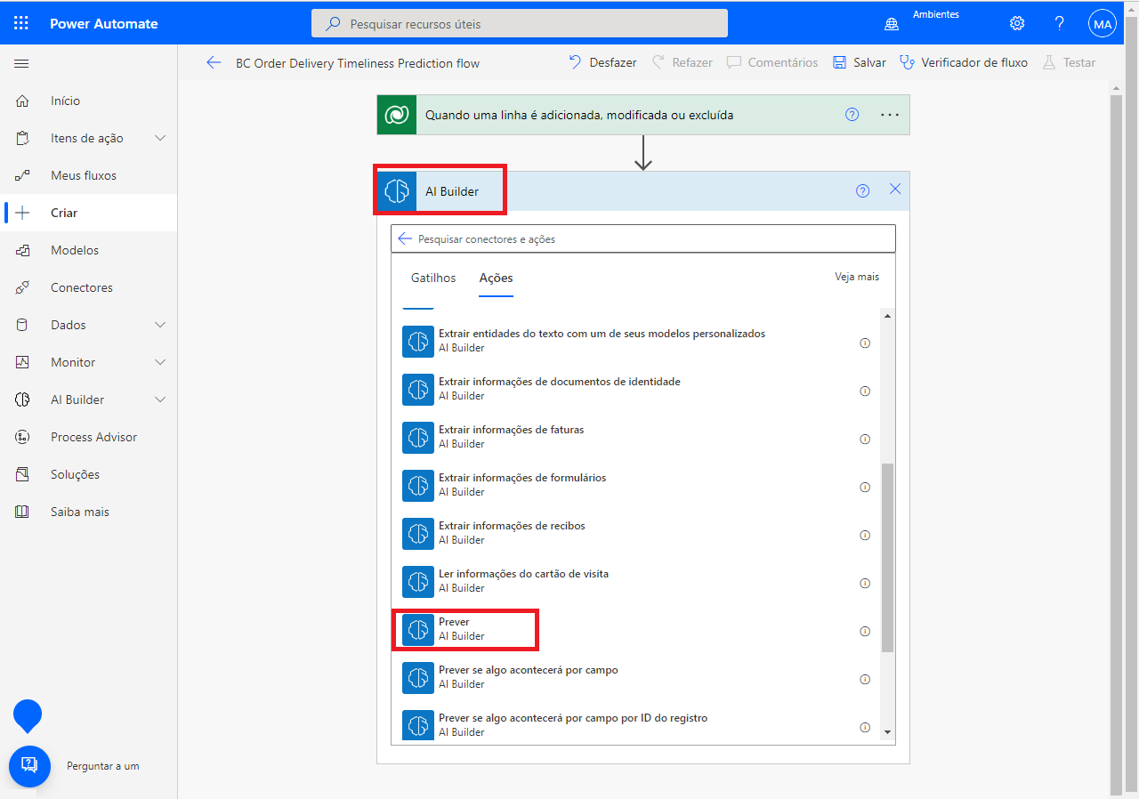 Captura de tela do Power Automate Studio com o AI Builder e Prever selecionados.