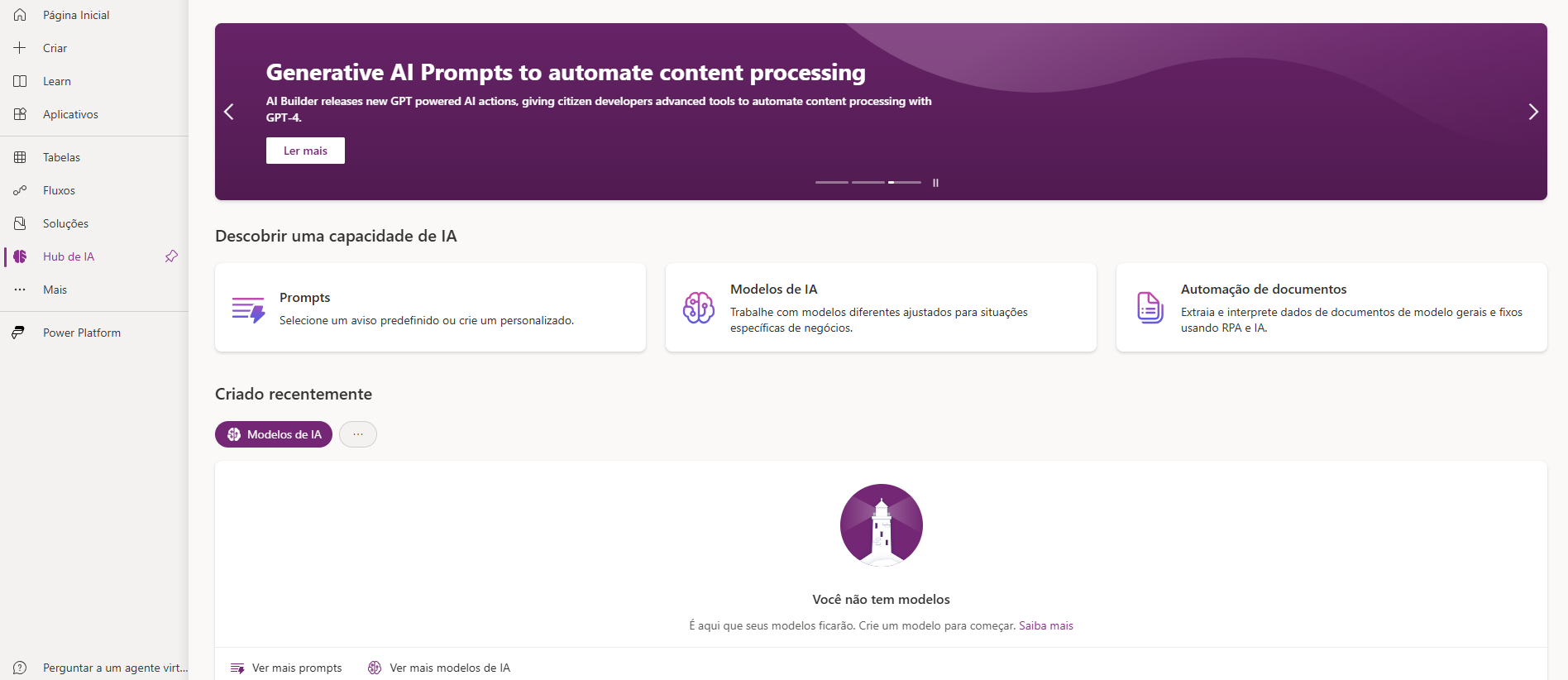 Captura de tela do Power Apps Studio, exibindo o bloco do modelo de previsão e o menu de navegação do AI Builder.