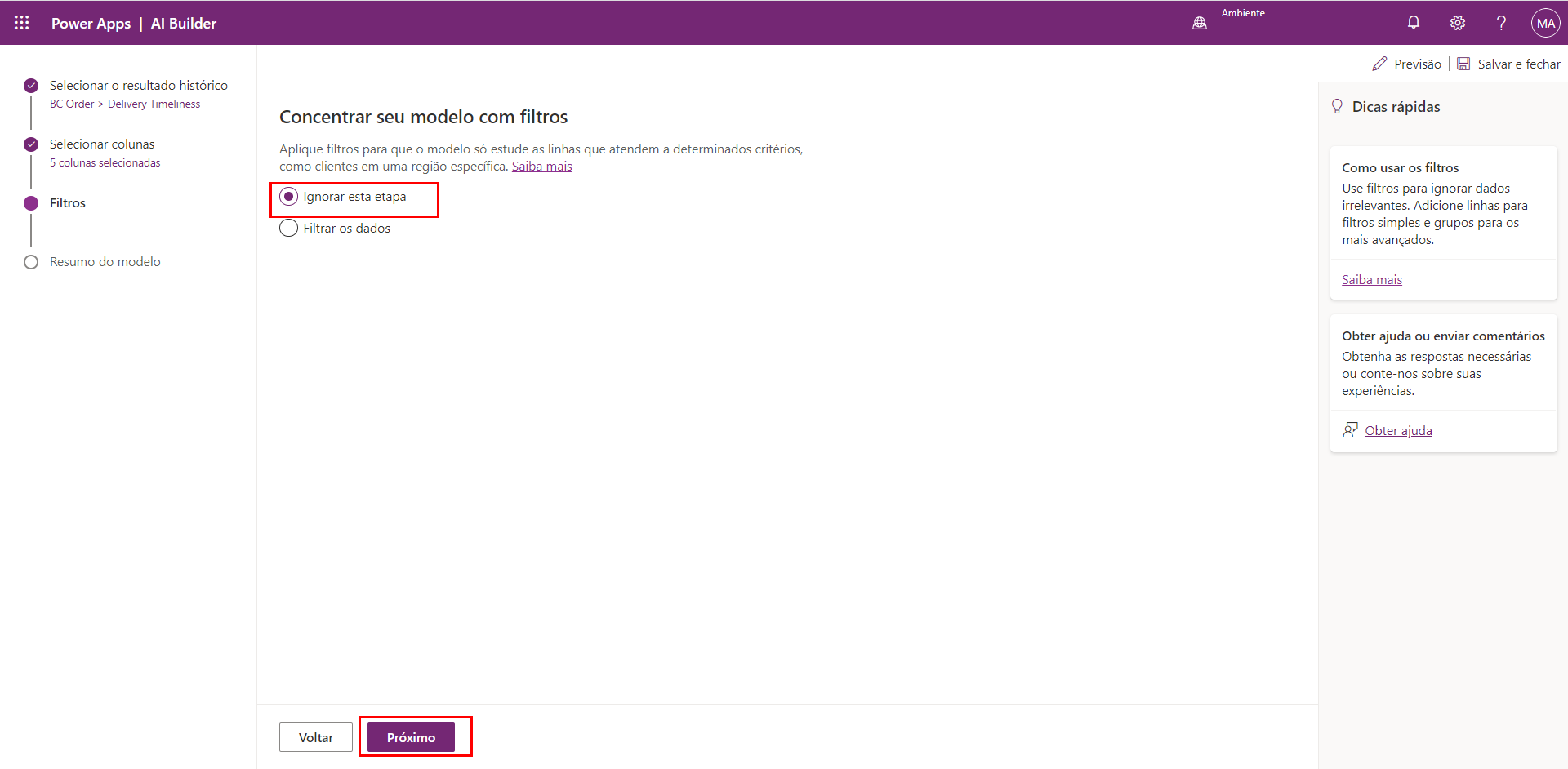Captura de tela do modelo de previsão do AI Builder, realçando as opções Ignorar esta etapa e Avançar.
