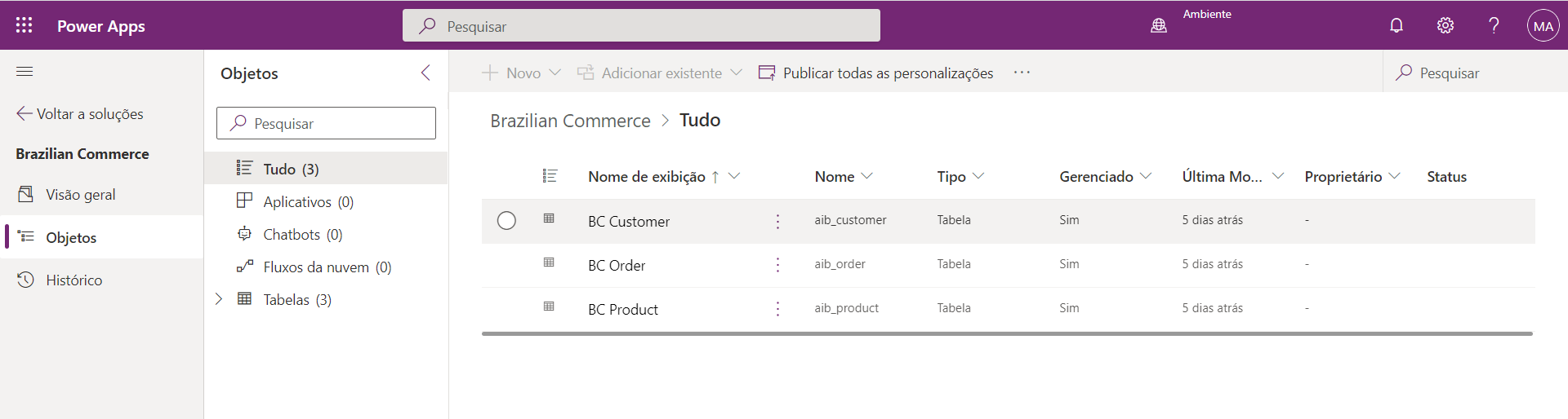 Captura da solução de Comércio Brasileiro no Microsoft Power Apps Studio, exibindo a lista de tabelas importadas.