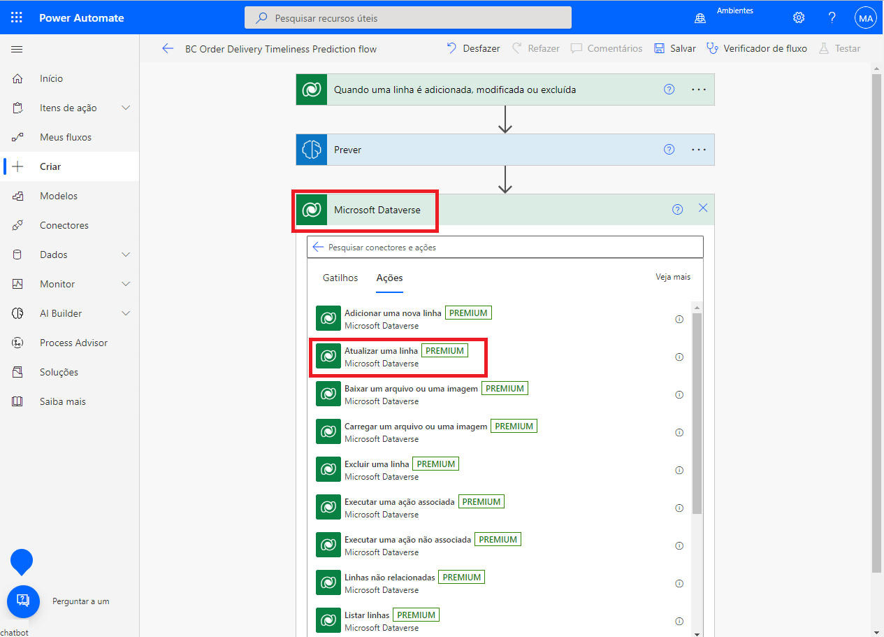 Captura de tela do Power Automate Studio com o Dataverse e Atualizar uma linha selecionada.