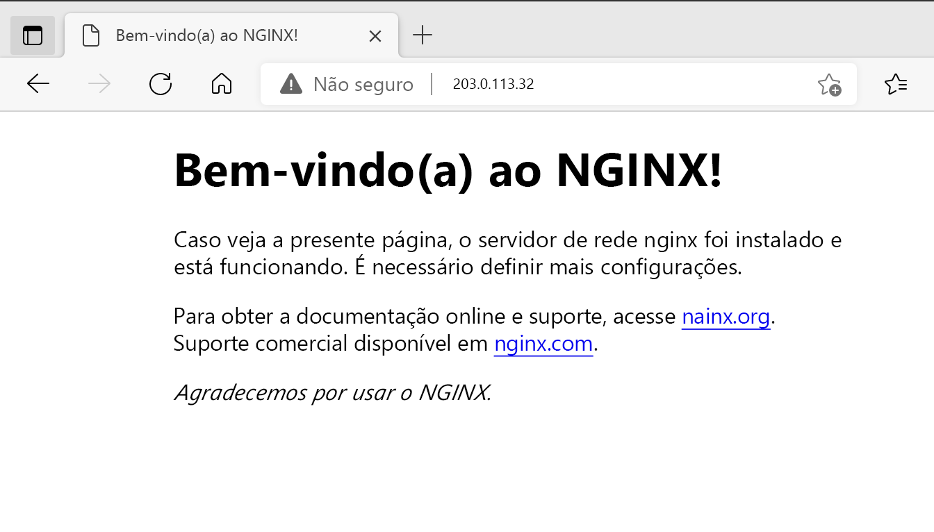 Uma captura de tela mostrando o nginx em execução, que veio do Docker Hub.