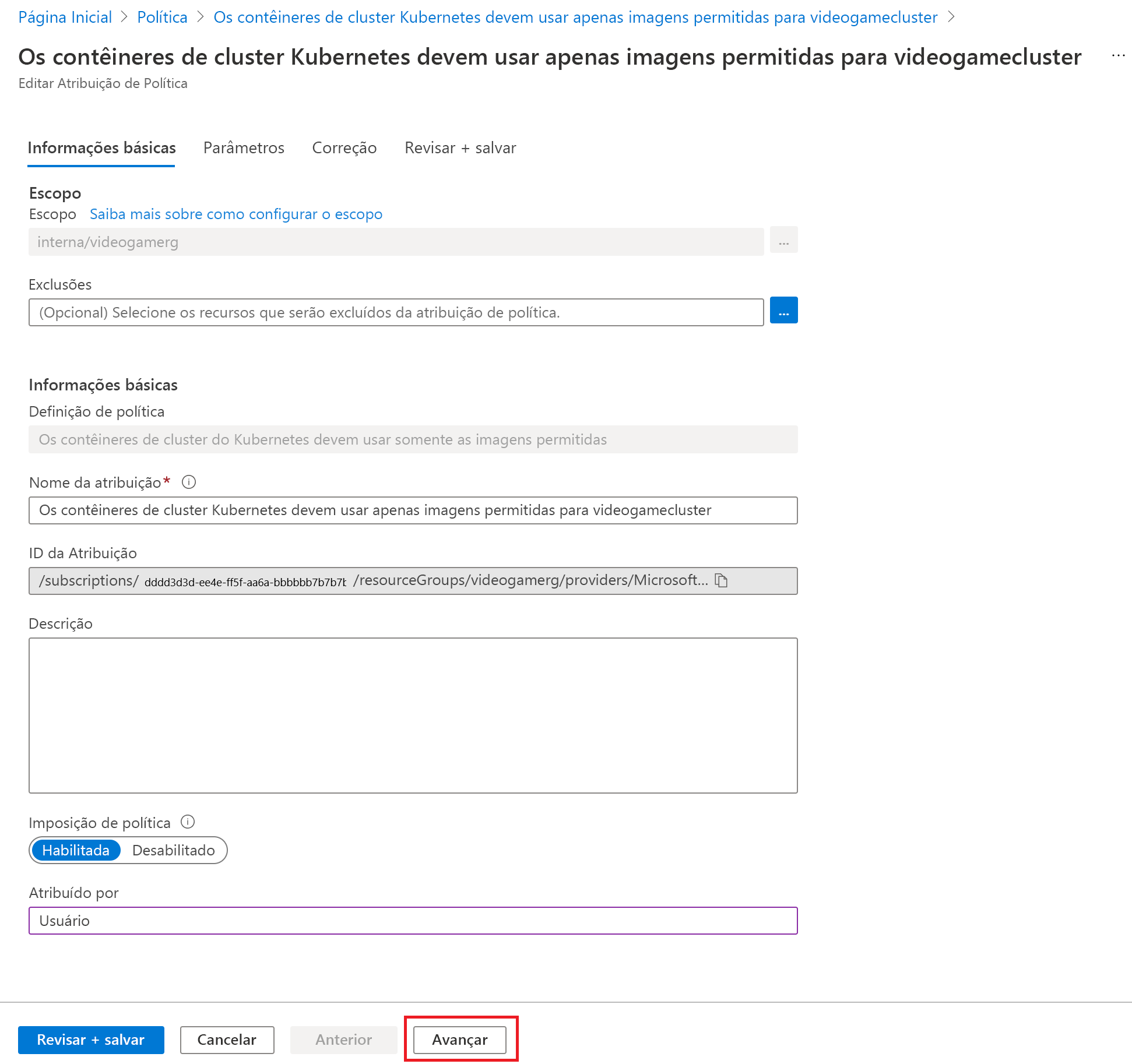 Captura de tela mostrando a exibição de atribuição de política.