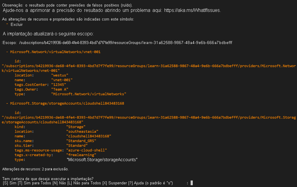 Captura de tela do Azure PowerShell mostrando a saída da operação de confirmação de implantação.