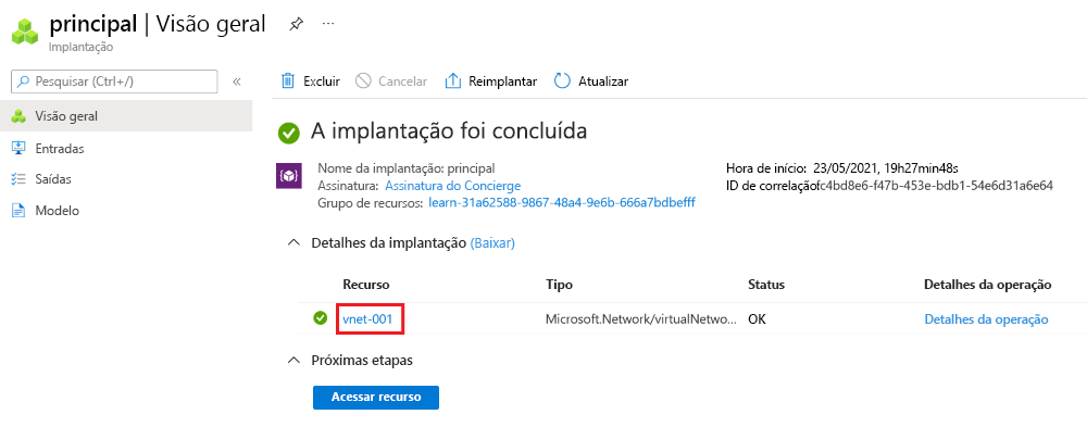 Captura de tela da interface do portal do Azure para a implantação específica, com um recurso de rede virtual listado.