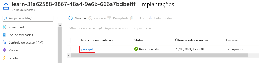 Captura de tela da interface do portal do Azure para a implantação específica, sem nenhum recurso listado.