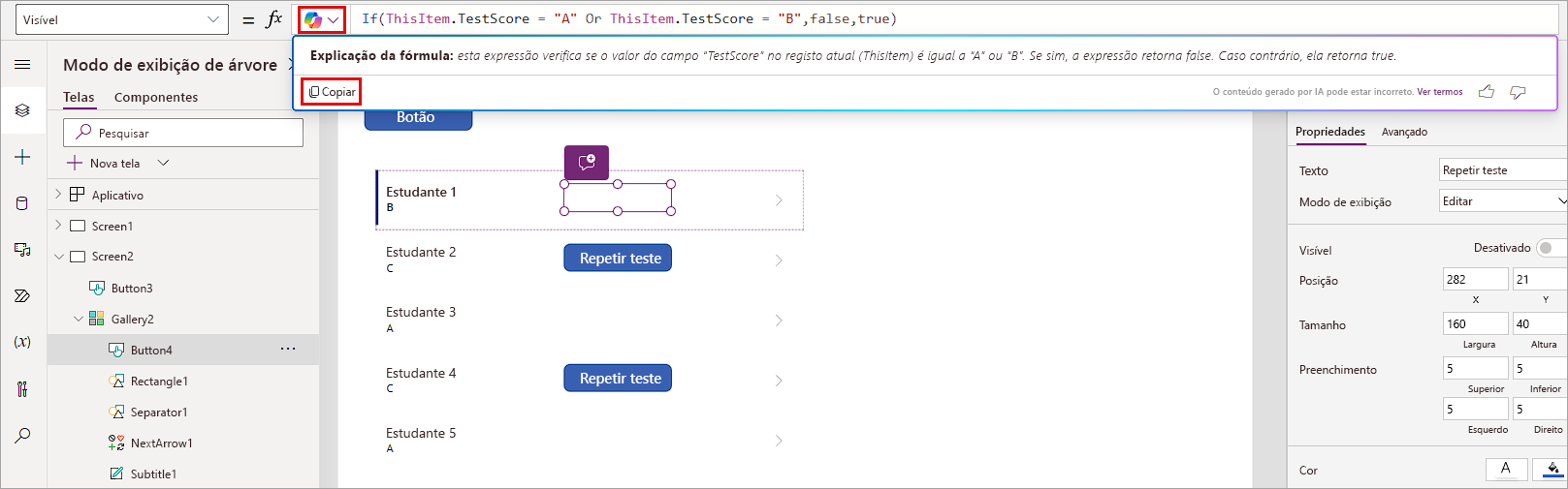 Captura de tela do botão Retake Test a ser mostrado apenas com Notas diferentes de A ou B.