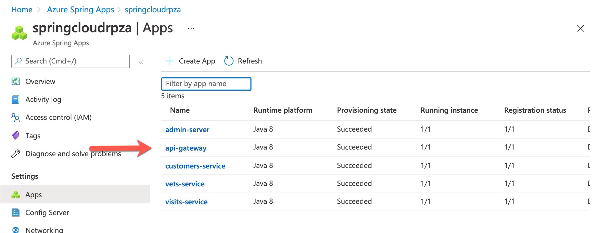 Captura de tela mostrando aplicativos no Spring Apps.