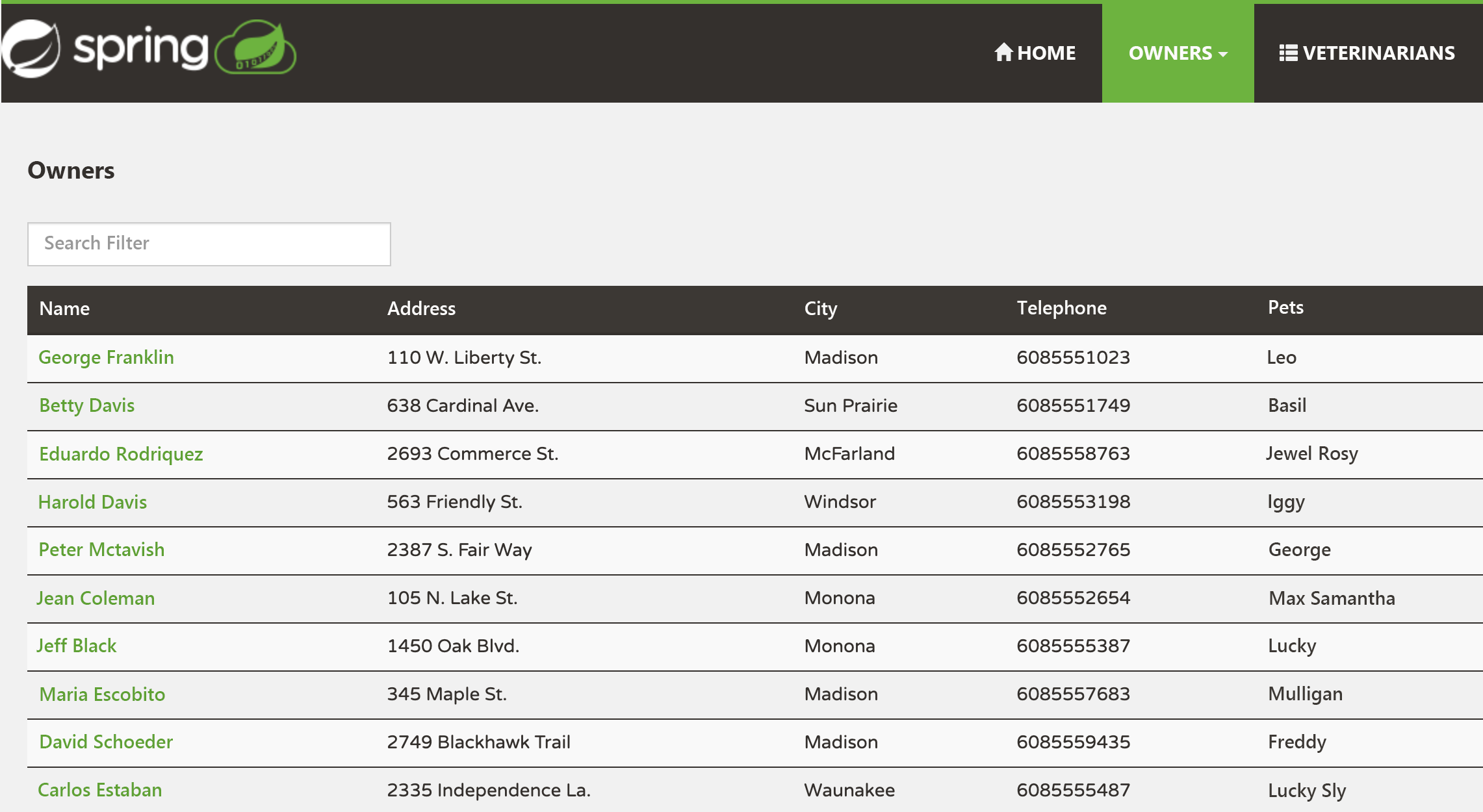 Captura de tela da aba Proprietários.