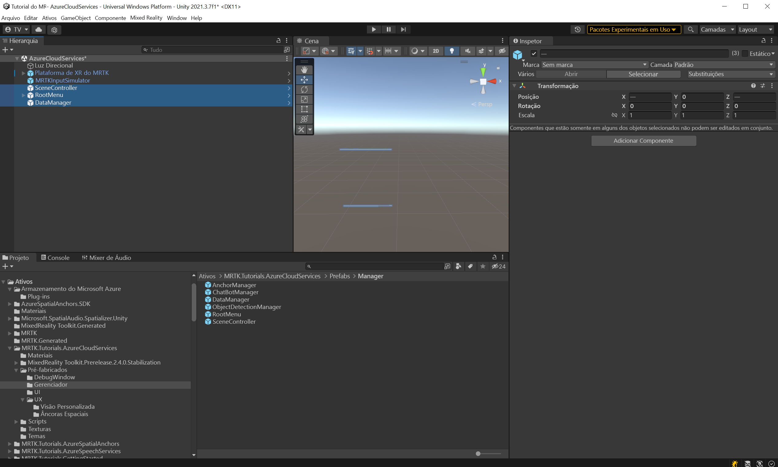 Screenshot of Unity with newly added SceneController, RootMenu and DataManager prefabs still selected.