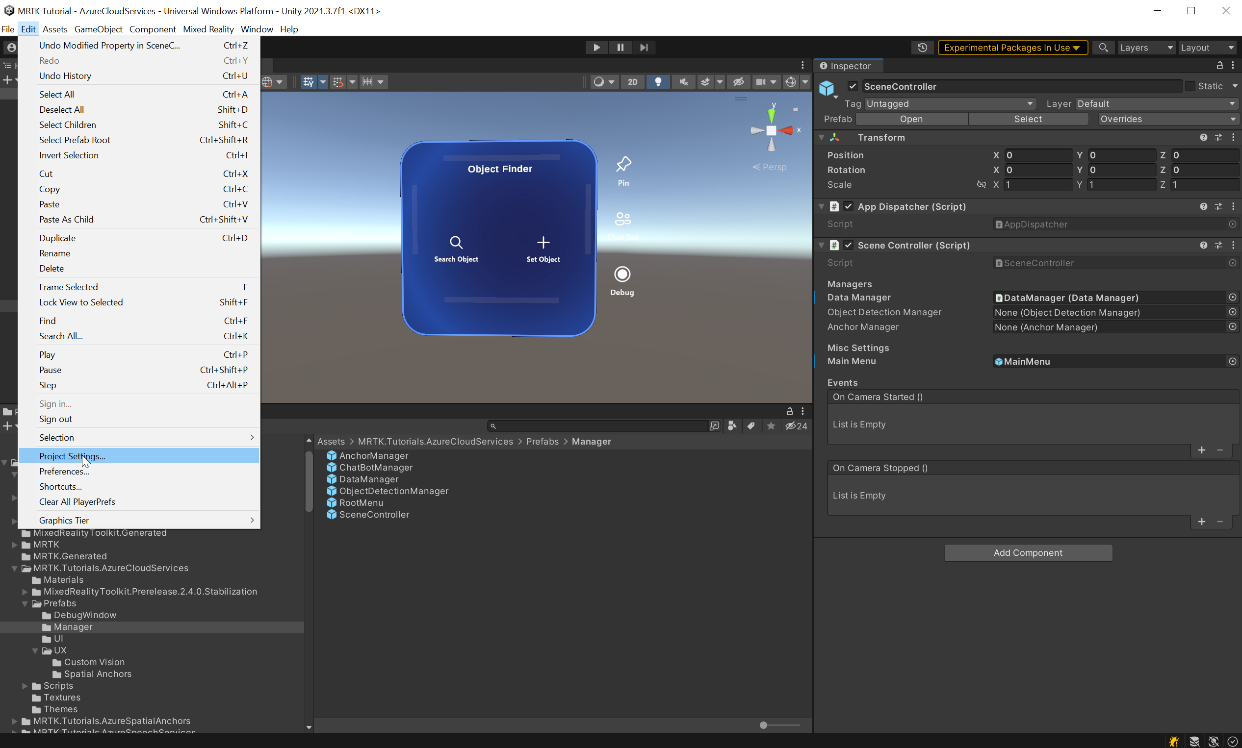 Screenshot of Unity open Project Settings.