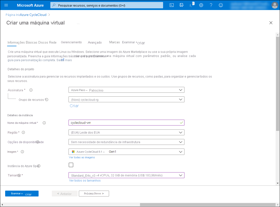 Captura de tela mostrando a seção superior da guia Informações básicas da seção Criar uma máquina virtual no portal do Azure.