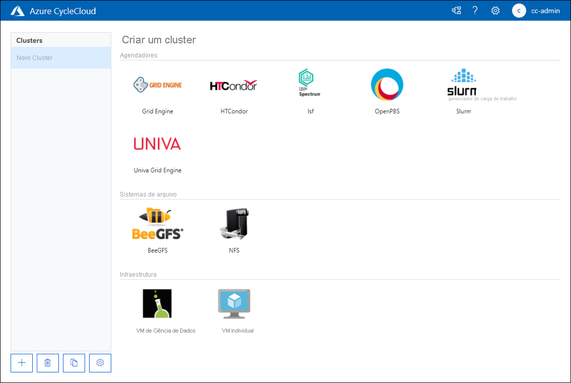 Captura de tela que mostra a página Criar um Novo Cluster do aplicativo Web do Azure CycleCloud.
