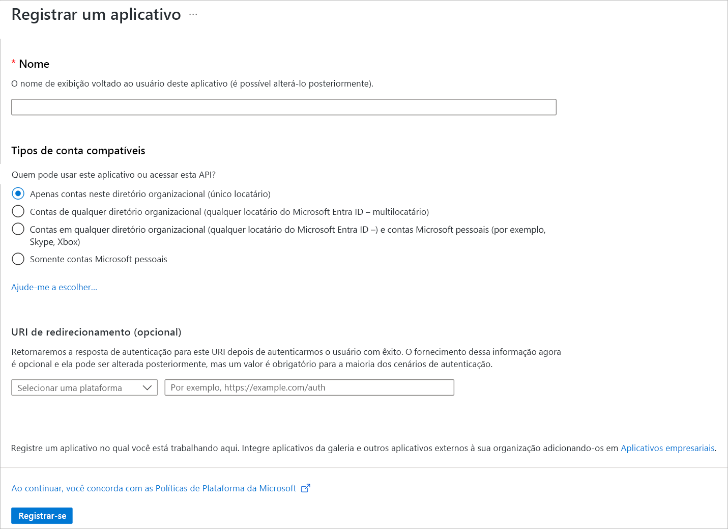 Screenshot showing registration of a new app with Microsoft Entra ID on Azure portal.