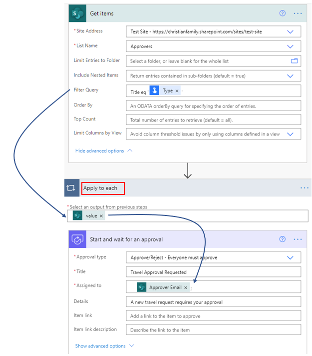 Captura de tela da ação de aprovação adicionada automaticamente a Aplicar a cada.
