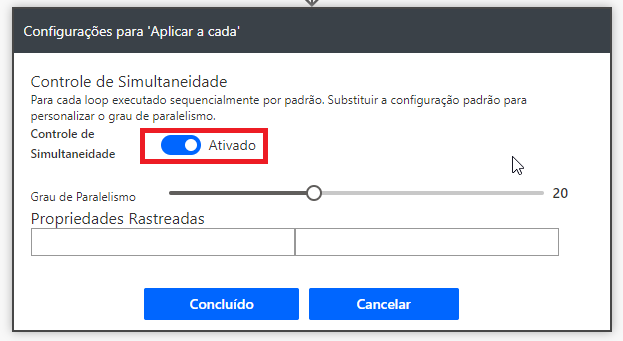 Captura de tela do botão Controle de Simultaneidade definido como Ativado.