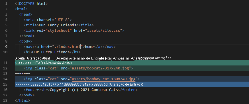 Screenshot that shows how to resolve merge conflicts in Visual Studio Code.