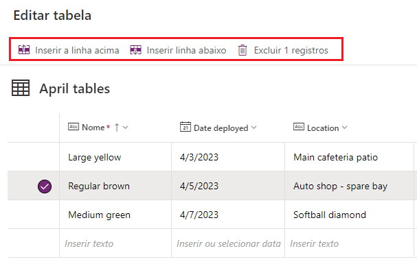 Captura de tela de uma linha de tabela já inserida selecionada, com as novas opções Inserir linha acima, Inserir linha abaixo e Excluir registro realçadas.