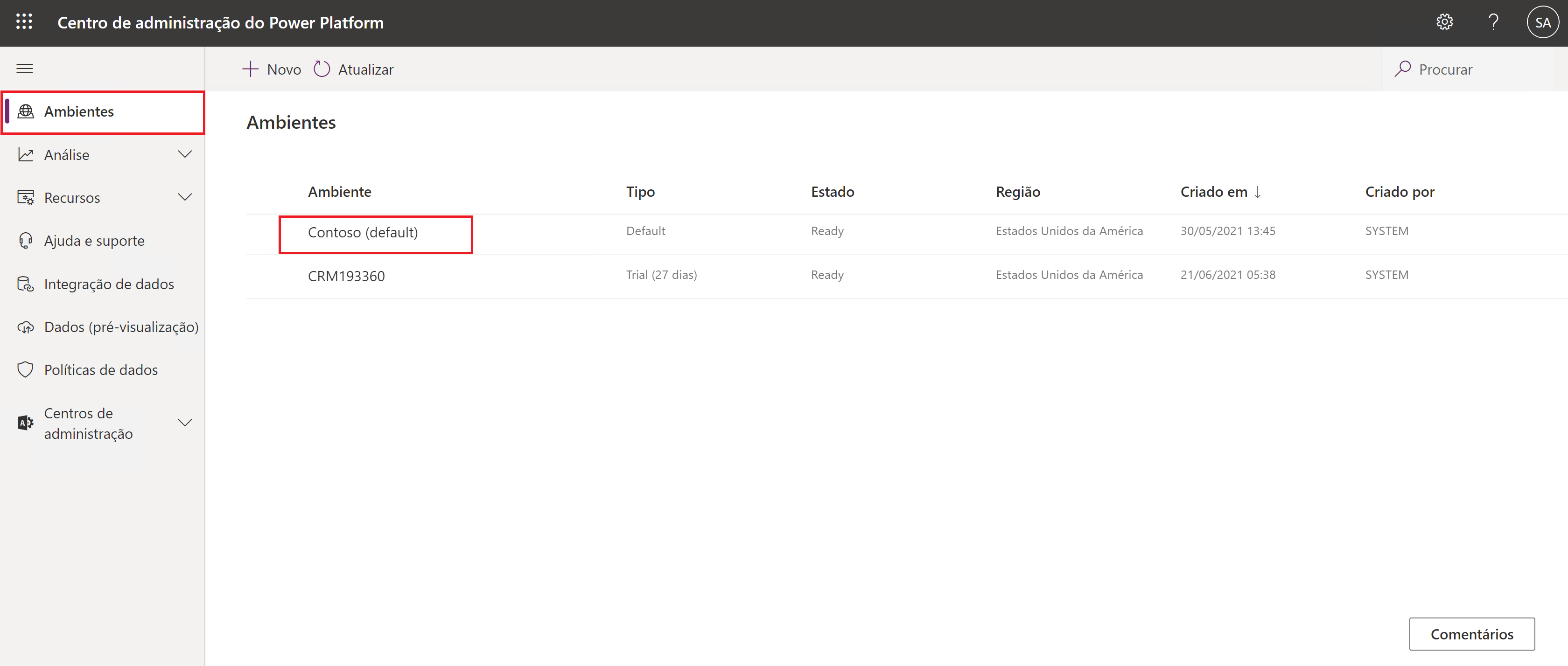 Captura de tela da Lista de ambientes no Centro de administração do Microsoft Power Platform.