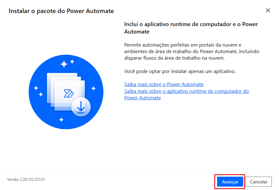 Captura de tela do Pacote de Instalação do Power Automate com o botão Avançar.