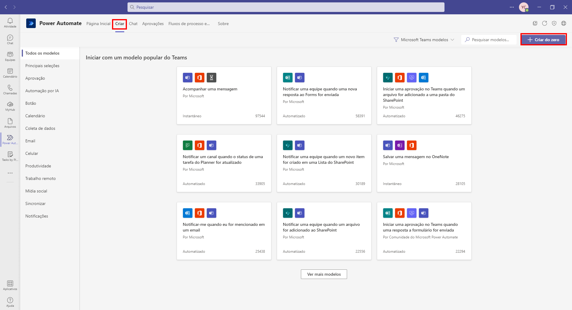 Captura da tela Criar do Power Automate com a opção Criar em branco realçada.