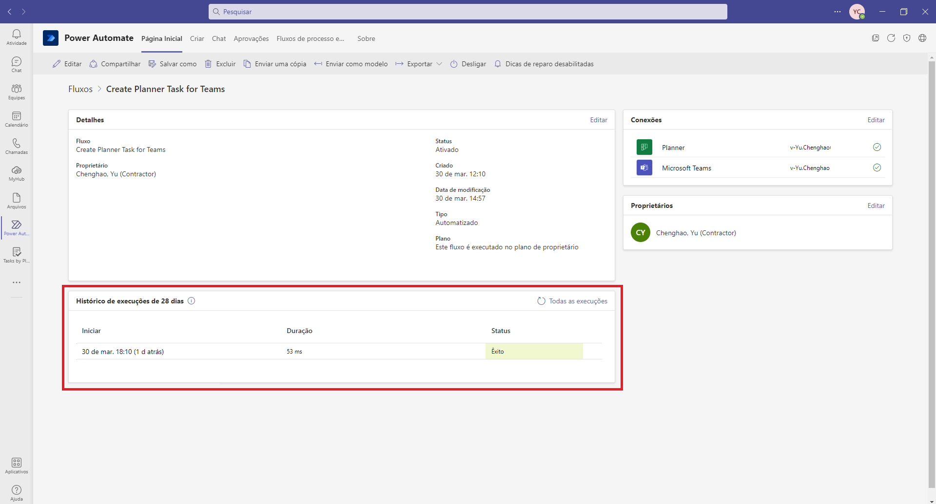 Captura de tela de Criar Tarefa do Planner do Teams com o histórico de execuções de 28 dias realçado.