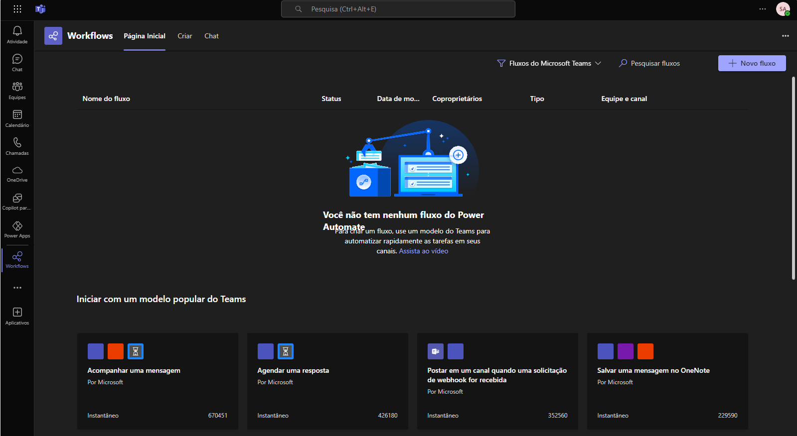 Captura da tela Página Inicial do Power Automate com os botões do trilho, a guia Página Inicial e Novo Fluxo realçados.
