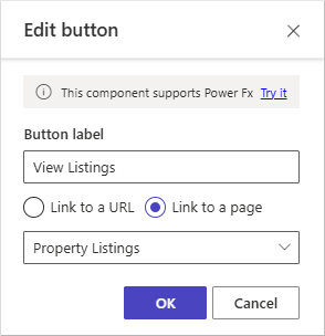 Captura de tela exibindo as opções de edição do botão no estúdio de design do Power Pages.