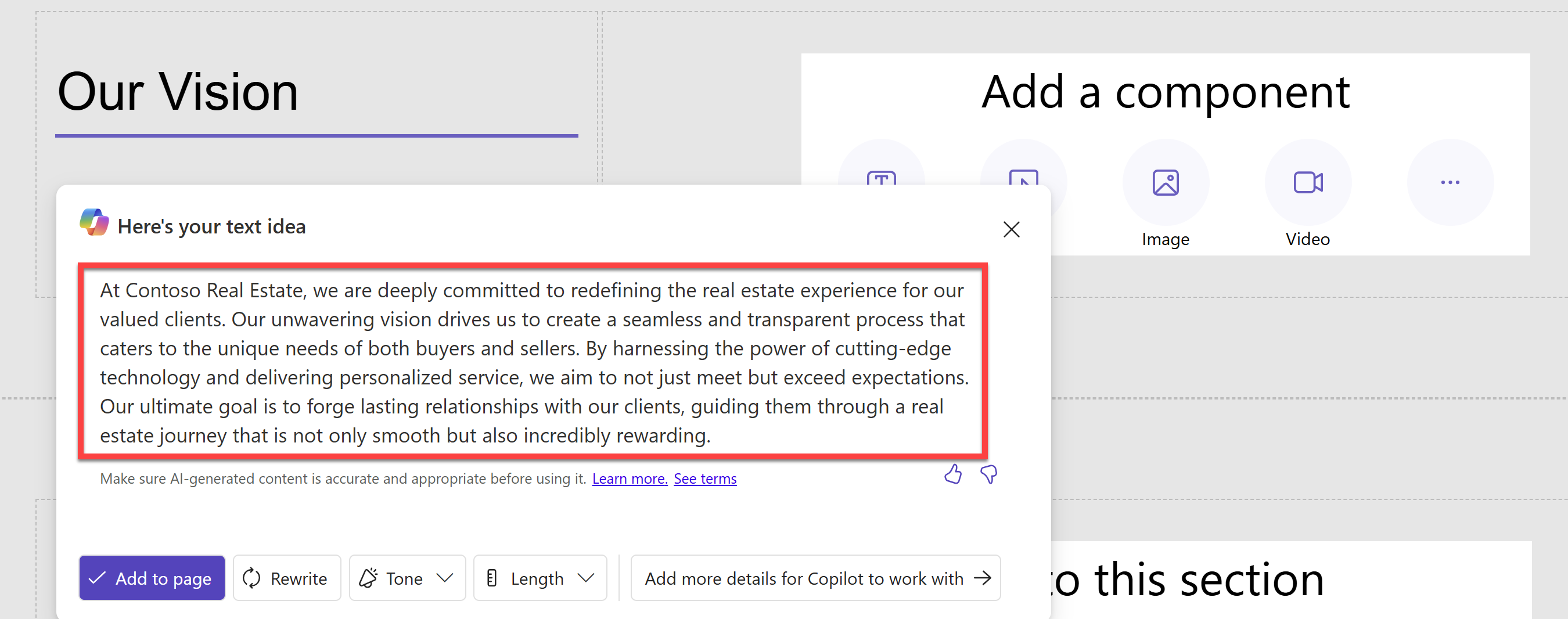 Captura de tela exibindo o texto gerado pelo Copilot no estúdio de design do Power Pages.