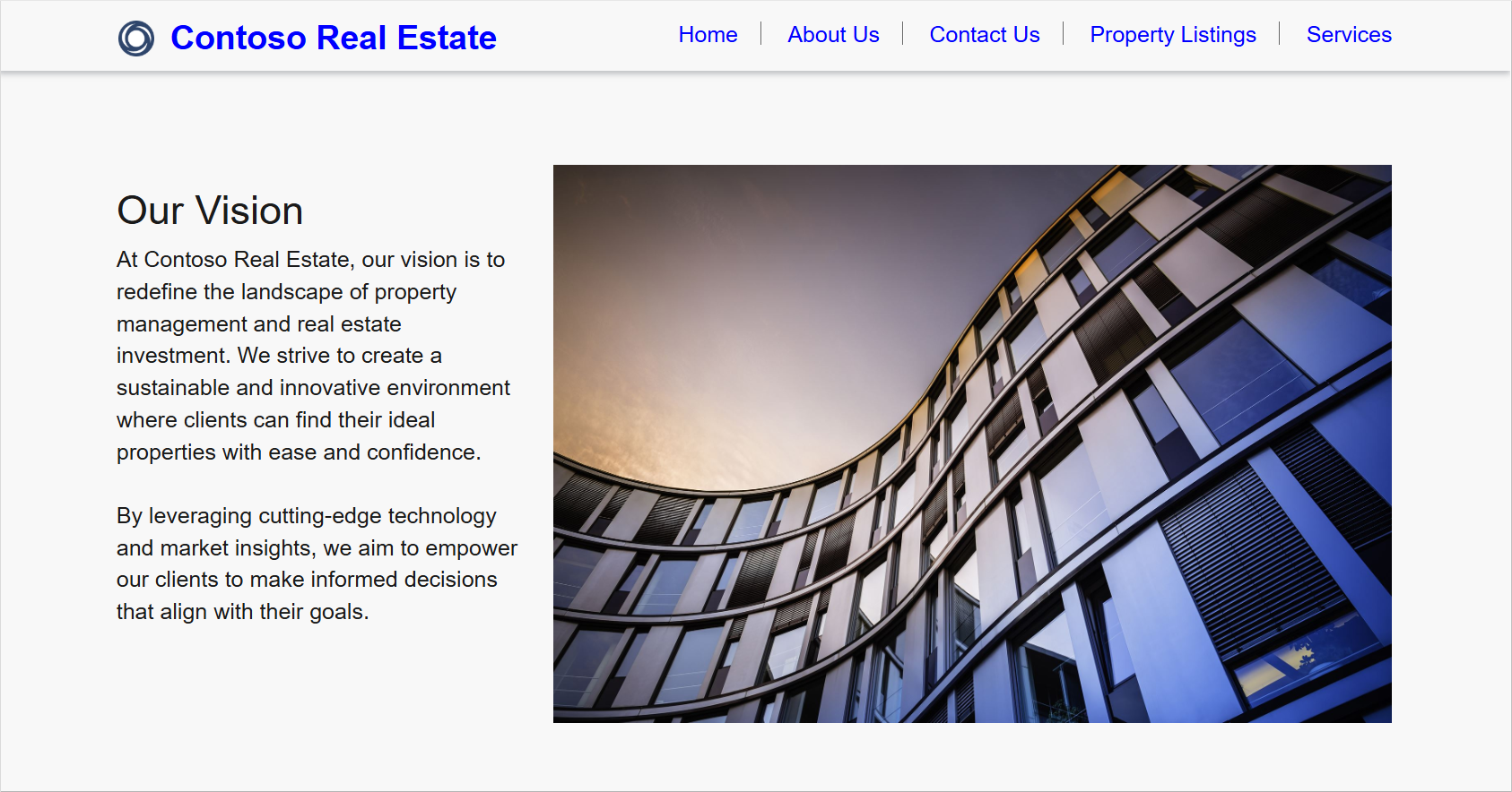 Captura de tela exibindo a seção Nossa Visão na página Sobre Nós.