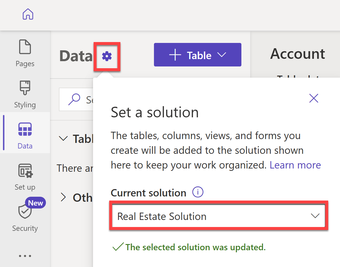 Captura de tela exibindo o painel Definir uma solução no estúdio de design do Power Pages.