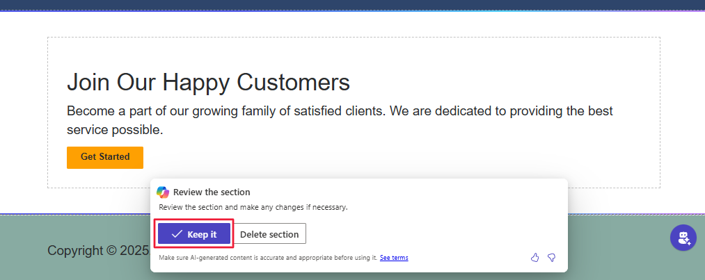 Captura de tela exibindo a seção de depoimento gerada pelo Copilot no estúdio de design do Power Pages.