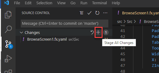 Captura de tela do Controle do Código-fonte, com o botão Preparar Todas as Alterações selecionado.
