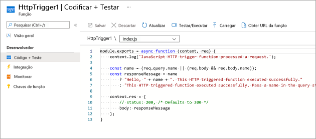 Screenshot of Code and Test pane showing default code for HTTP trigger function template.