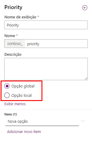 Captura das propriedades de coluna de opção na interface do criador, mostrando as opções de Opção global e Opção local realçadas.