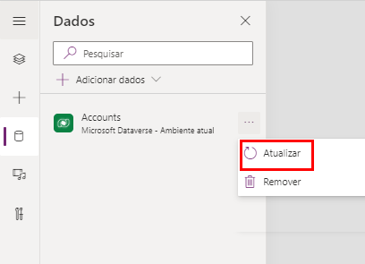 Captura de tela de um item de menu Atualizar em um menu pop-up para uma tabela do Dataverse. O menu é chamado com a seleção das reticências ao lado da tabela.