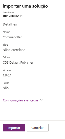 Captura de tela mostrando a caixa de diálogo importar solução.