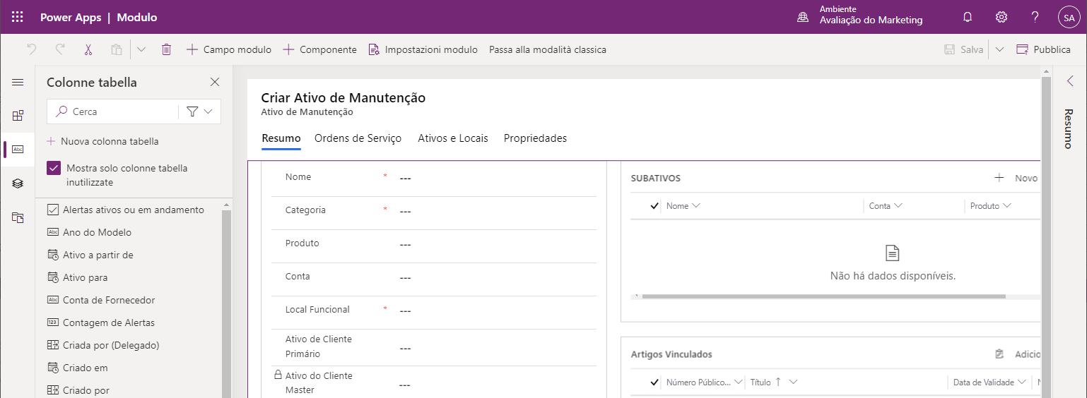 Captura de tela do formulário de ativo do cliente no Microsoft Power Apps.