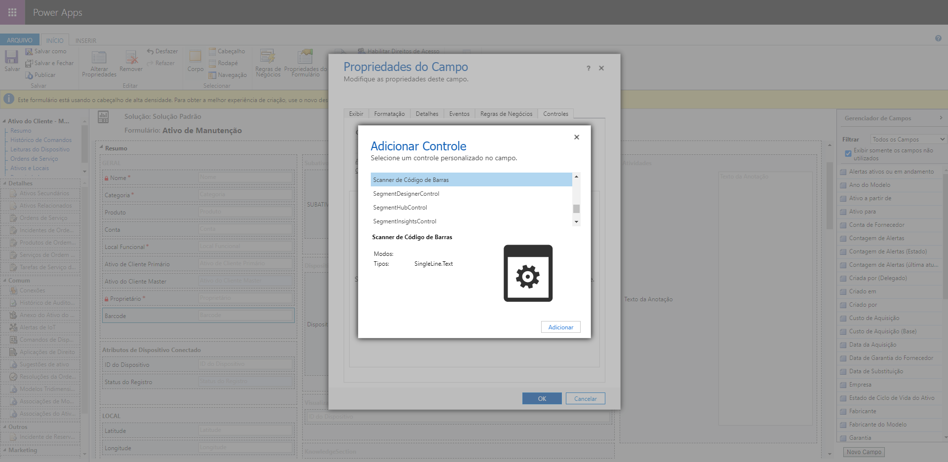 Captura de tela da caixa de diálogo Adicionar controle no Power Apps.