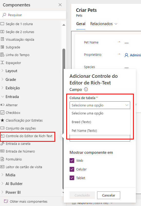 Captura de tela da janela pop-up ilustrando as opções de coluna da tabela Adicionar Controle de Editor de Rich-Text.
