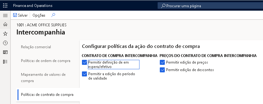 Captura de tela da guia Políticas de contrato de compra na página Configurar políticas da ação do contrato de compra.