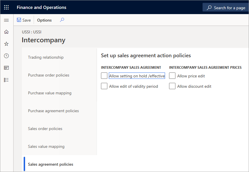 Captura de tela da guia Políticas de contrato de venda na página Configurar políticas da ação do contrato de venda.