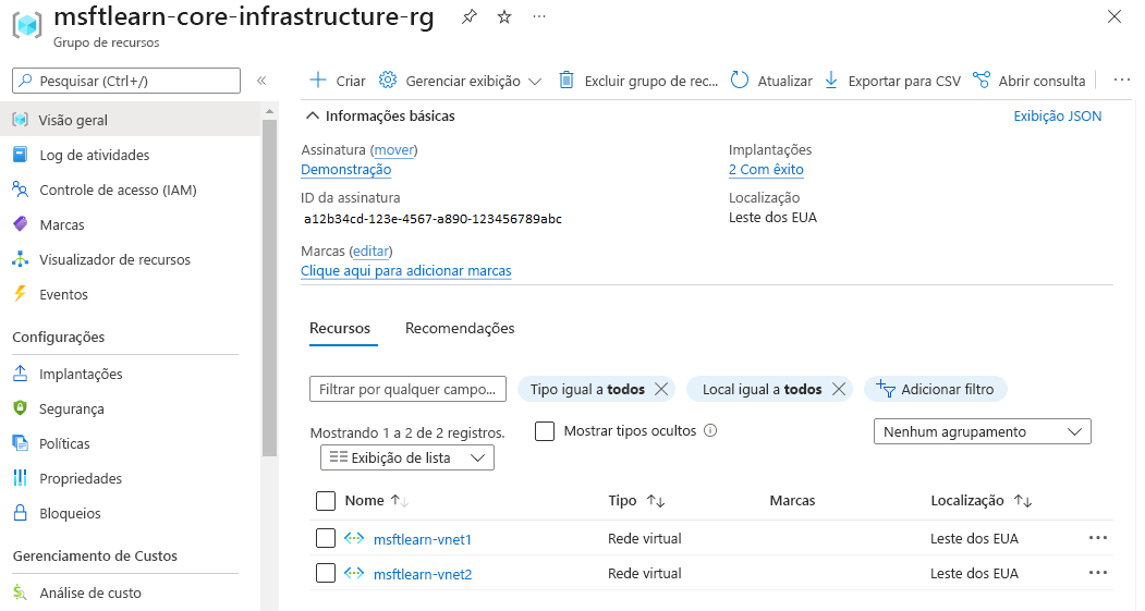 Screenshot of Azure portal showing resource group overview containing two virtual network resources.