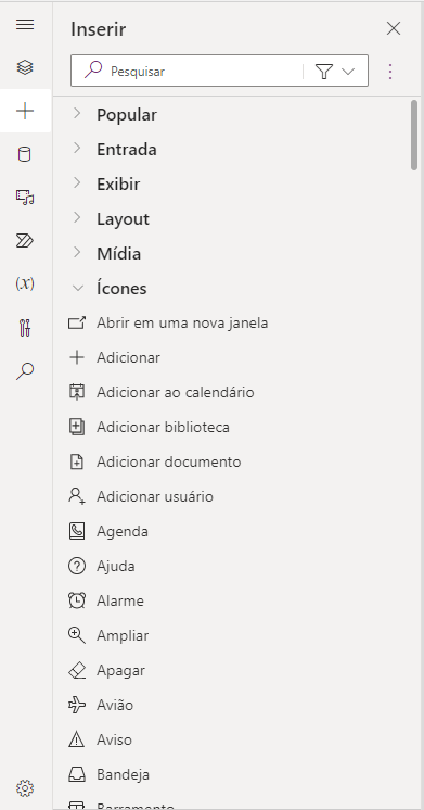 Captura de tela das opções do menu de ícones.
