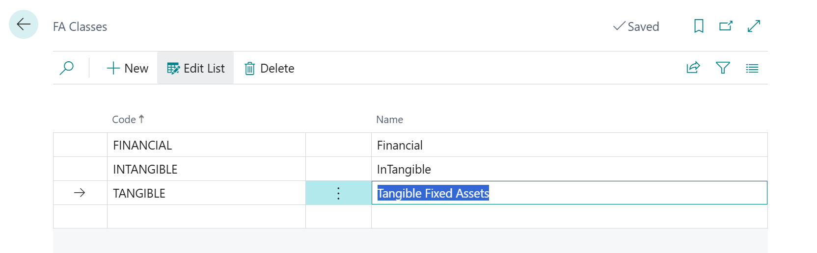 Captura da tela de classes de Ativos Fixos com o campo 