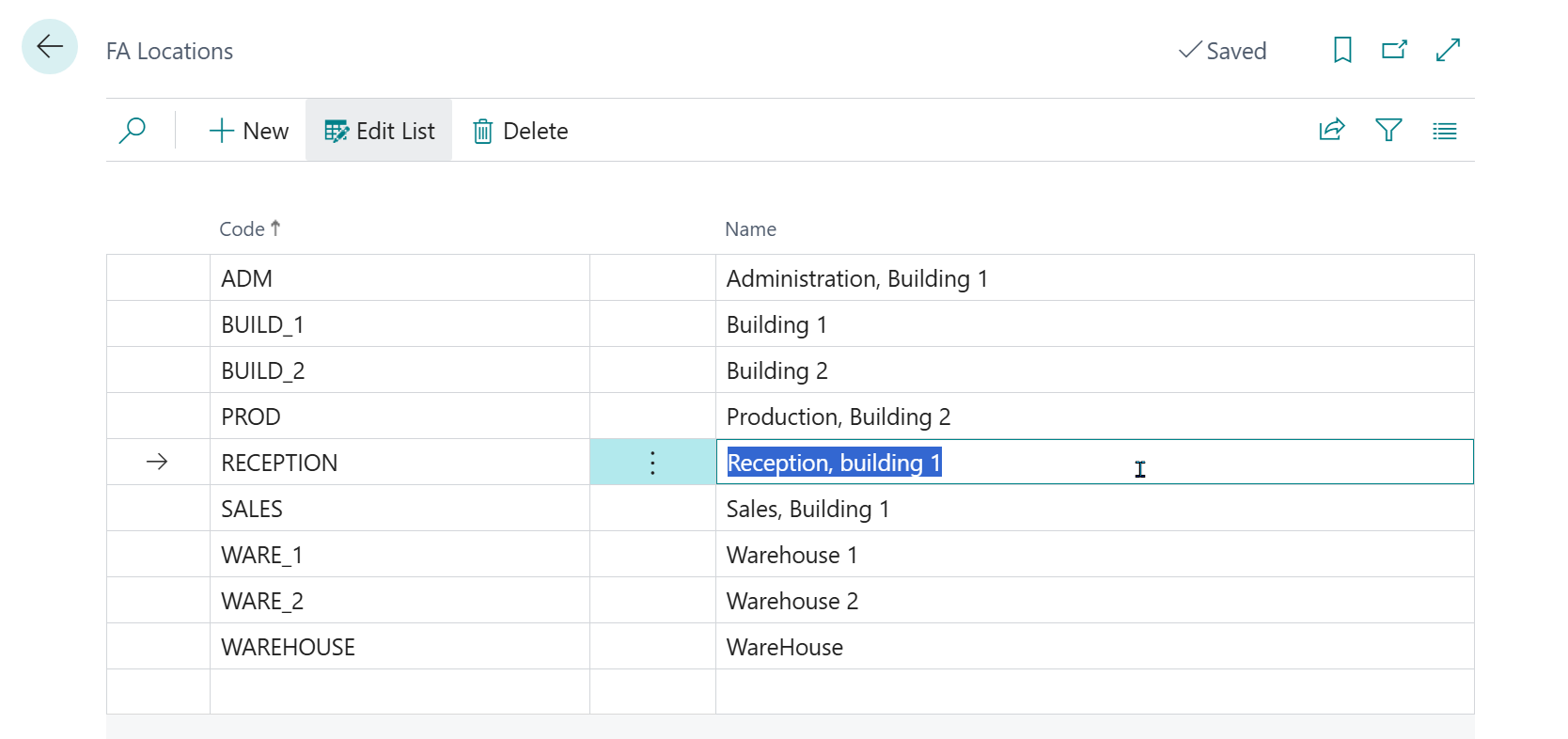 Captura de tela de Locais de Ativos Fixos com o campo Nome.